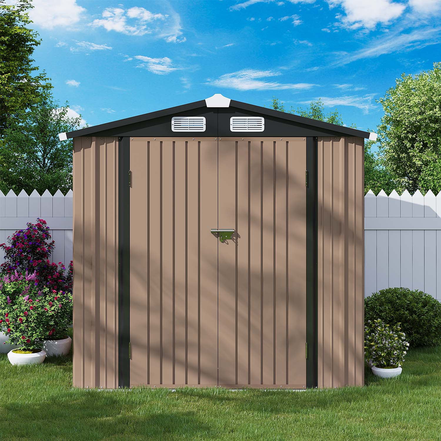 BaPiPro 6'x4' Metal Storage Shed, Outdoor Metal Shed Garden Tool Shed with Sloping Roof, Double Lockable Doors, Vents, Brown