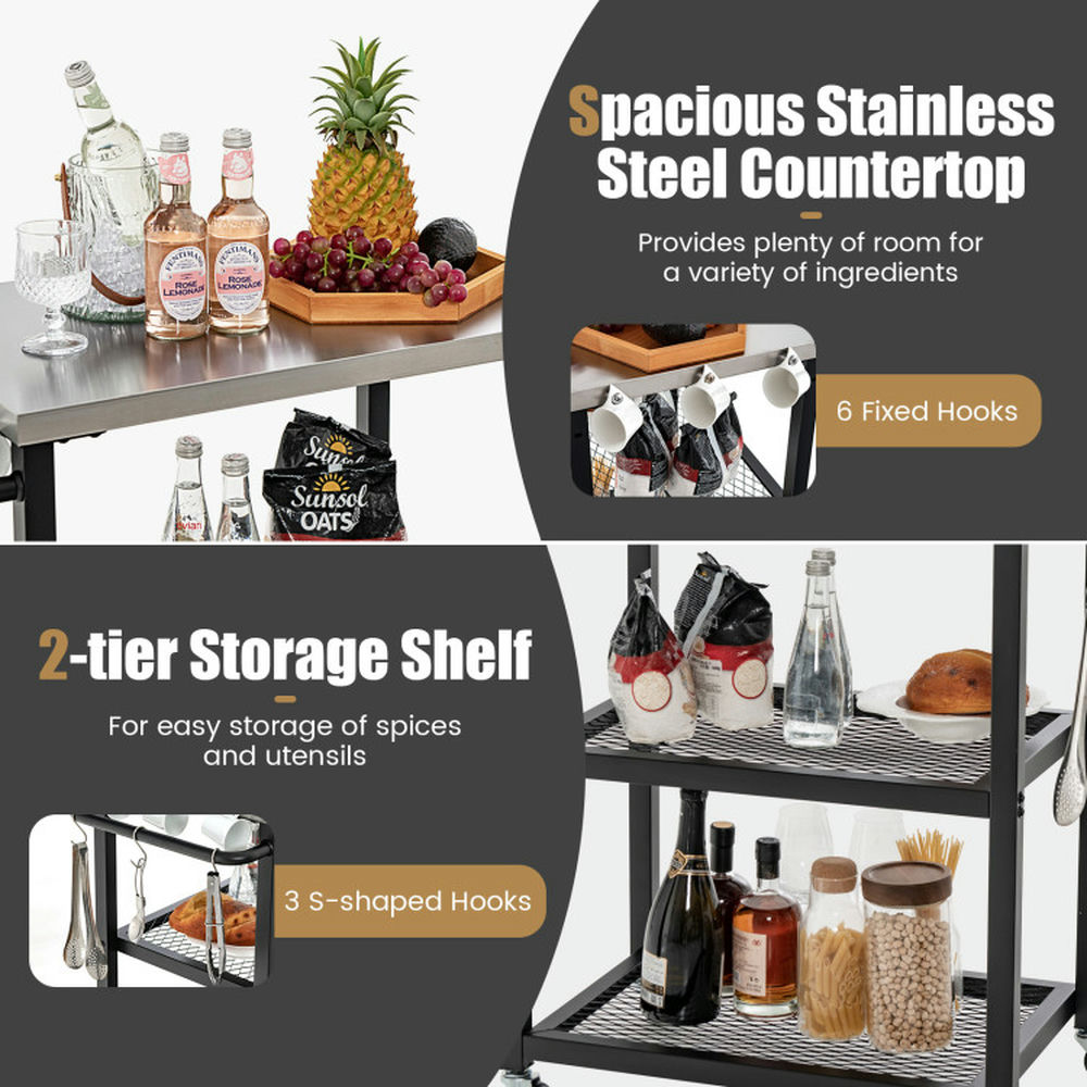 Demifill 3-Tier Foldable Outdoor Stainless Steel Food Prepare Dining Cart Table on Wheels-Black, Camp Stove for Outdoor Cooking