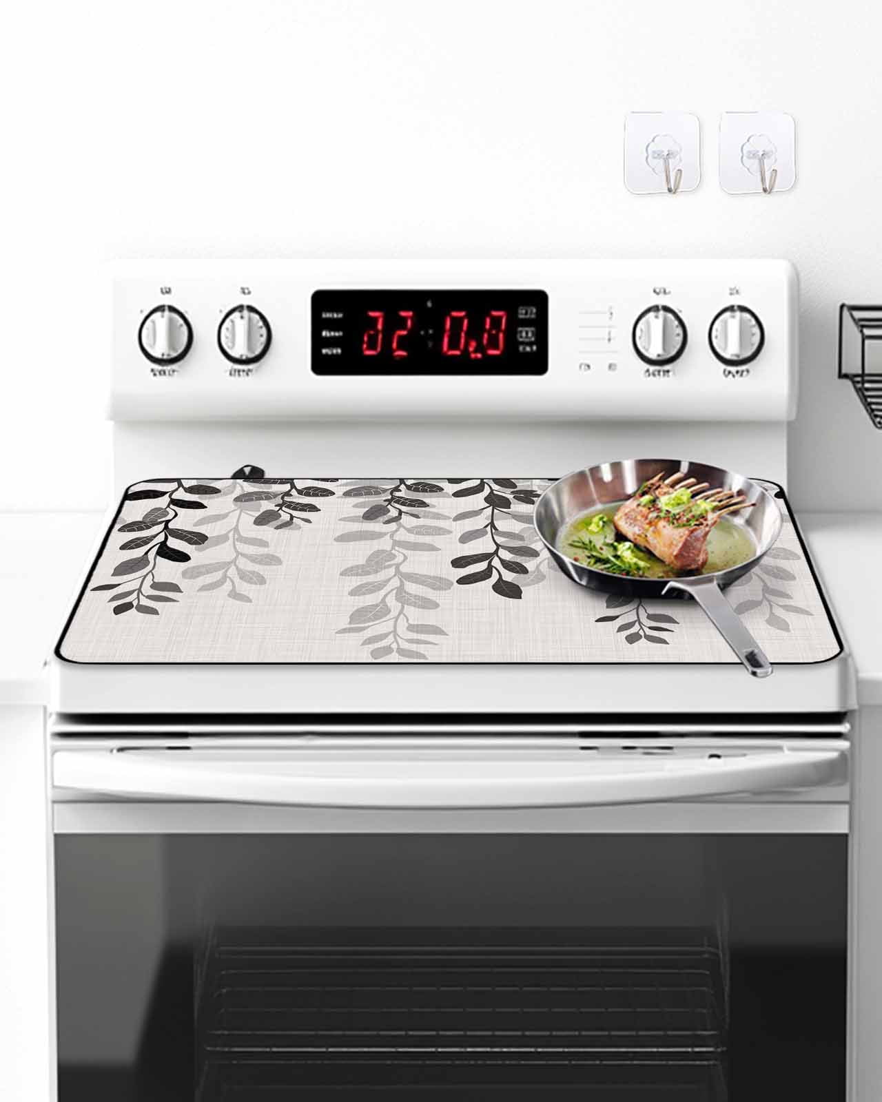 Stove Top Covers for Electric Stove, Grey Ombre Botanical Glass Stovetop Cover Protector, Watercolor Gray Pastoral Leaf Rustic Induction Cooktop Protector Oven Mat for Kitchen Countertop 31"x24"