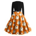 thumbnail image 5 of Women's Halloween Dress Candy 1950s Long Sleeve Fall Dresses Witch Hat Cocktail V-Neck Horror Tea Length Dress with Belt XL, 5 of 5
