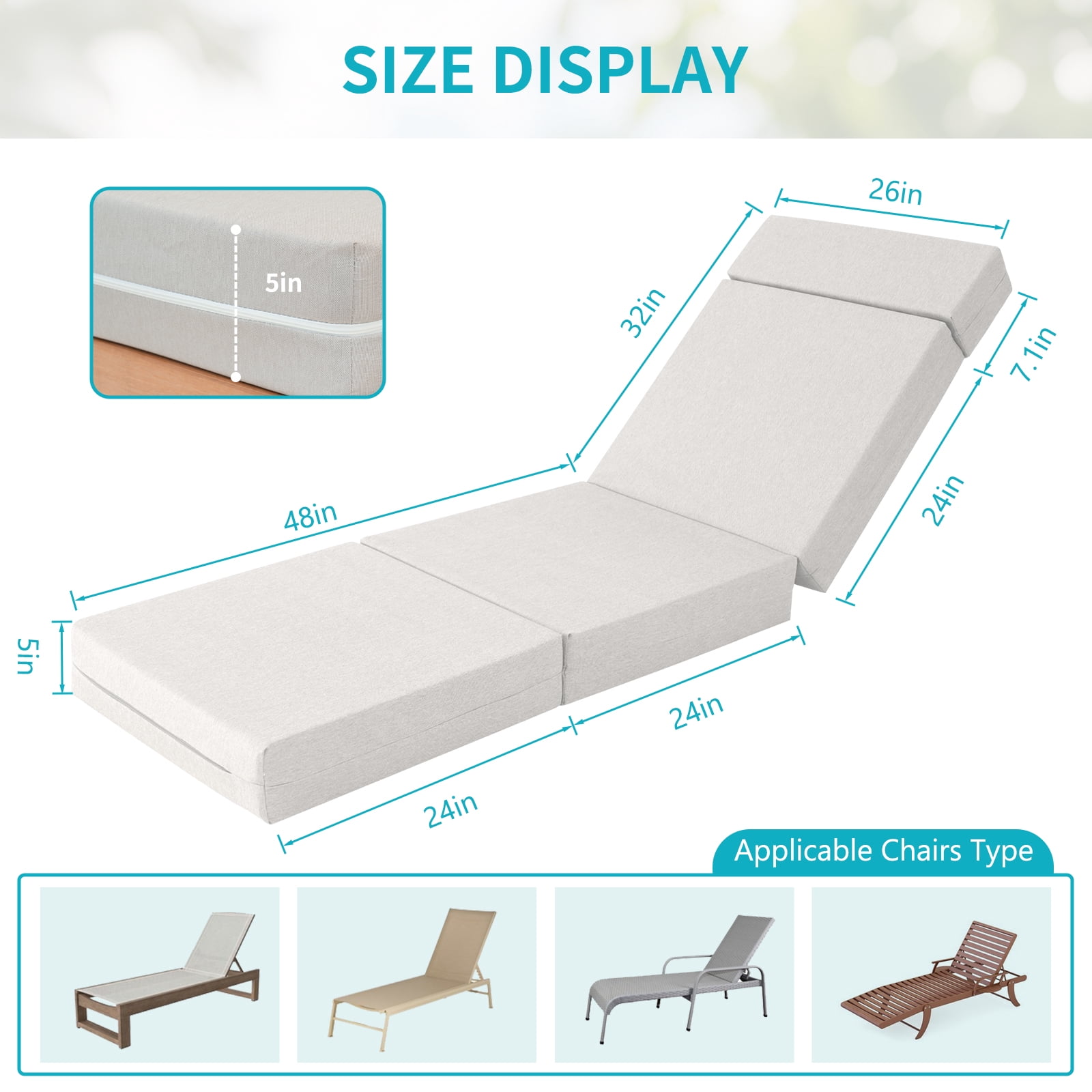 MOPHOTO 2 Pcs Chaise Lounge Cushions Outdoor, 80x26x5 Inch Thick Waterproof Outdoor Furniture Cushions with Removable Cover, Patio Lounge Chair Cushions for Outdoor Furniture, Beige