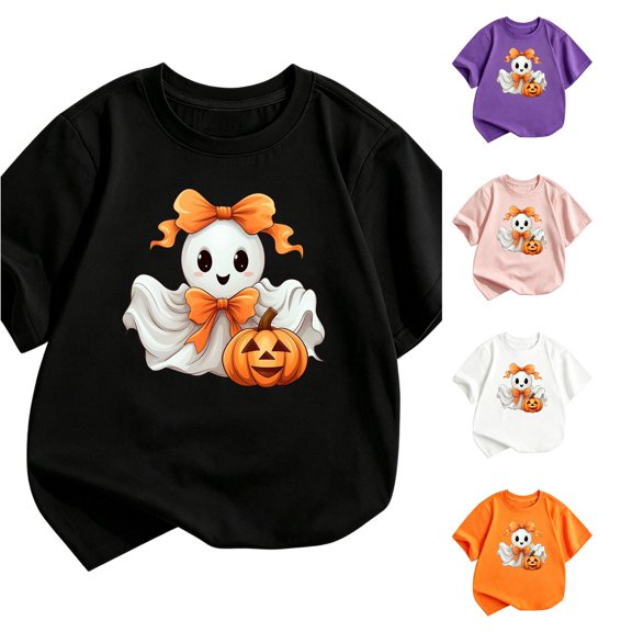 XAOFW Halloween Shirts For Girls Short Sleeve Crew Neck Pumpkin Ghost Graphic Tees Toddler Kids Autumn Cute T-Shirts 3-4 Years