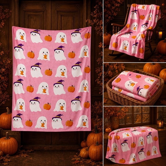 LOWLHOME Halloween Printed Ghost Throw Blanket, Soft Festive Ghost Printed Throw Blanket, Plush Fuzzy Reversible Blankets for Bed Sofa Couch Livingroom, 40"x28"