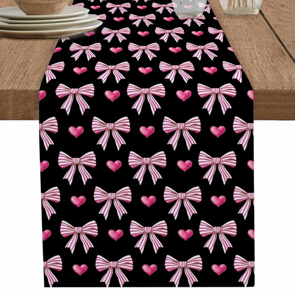Pink Bow Love Heart on Black Table Runner-70 Inch Long Modern Art Table Runners Linen Burlap Tablerunner for Kitchen Dining Room Holiday Party