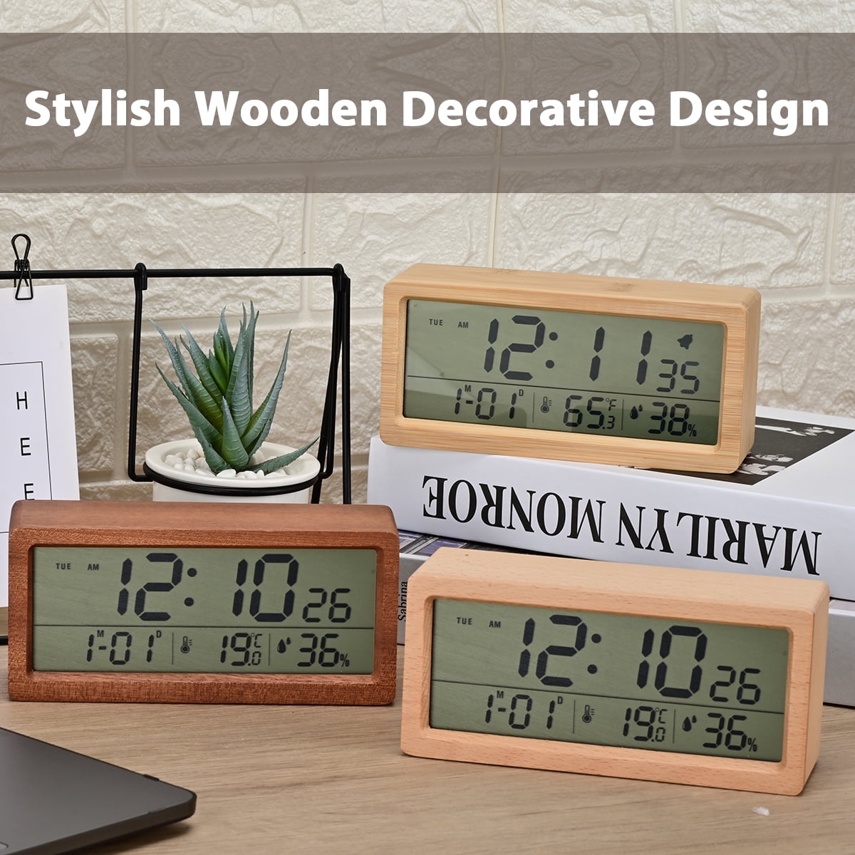 Electime Wooden Digital Alarm Clock with Calender, Temperature, Humidity and Snooze, Electric Clock for Home Bedroom, Battrey Powered, LCD Screen