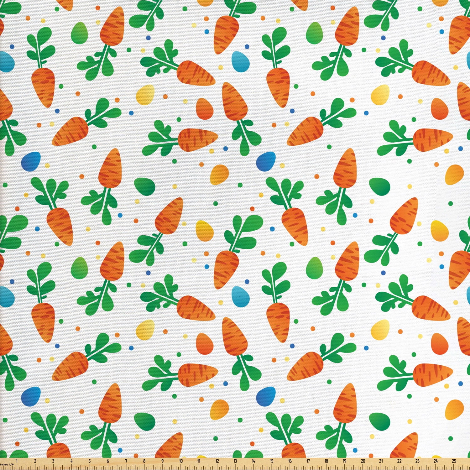 Easter Fabric by The Yard, Orange Carrots Colorful Eggs and Dots in Cartoon Style Fresh and