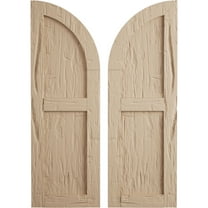 Ekena Millwork 12"W x 72"H (60" Low Side) Timberthane Hand Hewn Two Equal Flat Panel w/Quarter Round Arch Top Faux Wood Shutters (Per Pair), Primed Tan