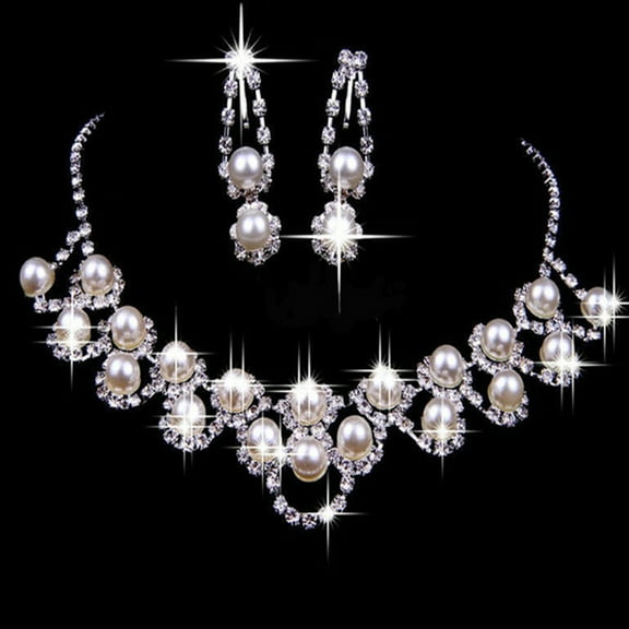 UDIYO Women Palace Style Rhinestone Faux Pearl Pendant Necklace Earrings Jewelry Set