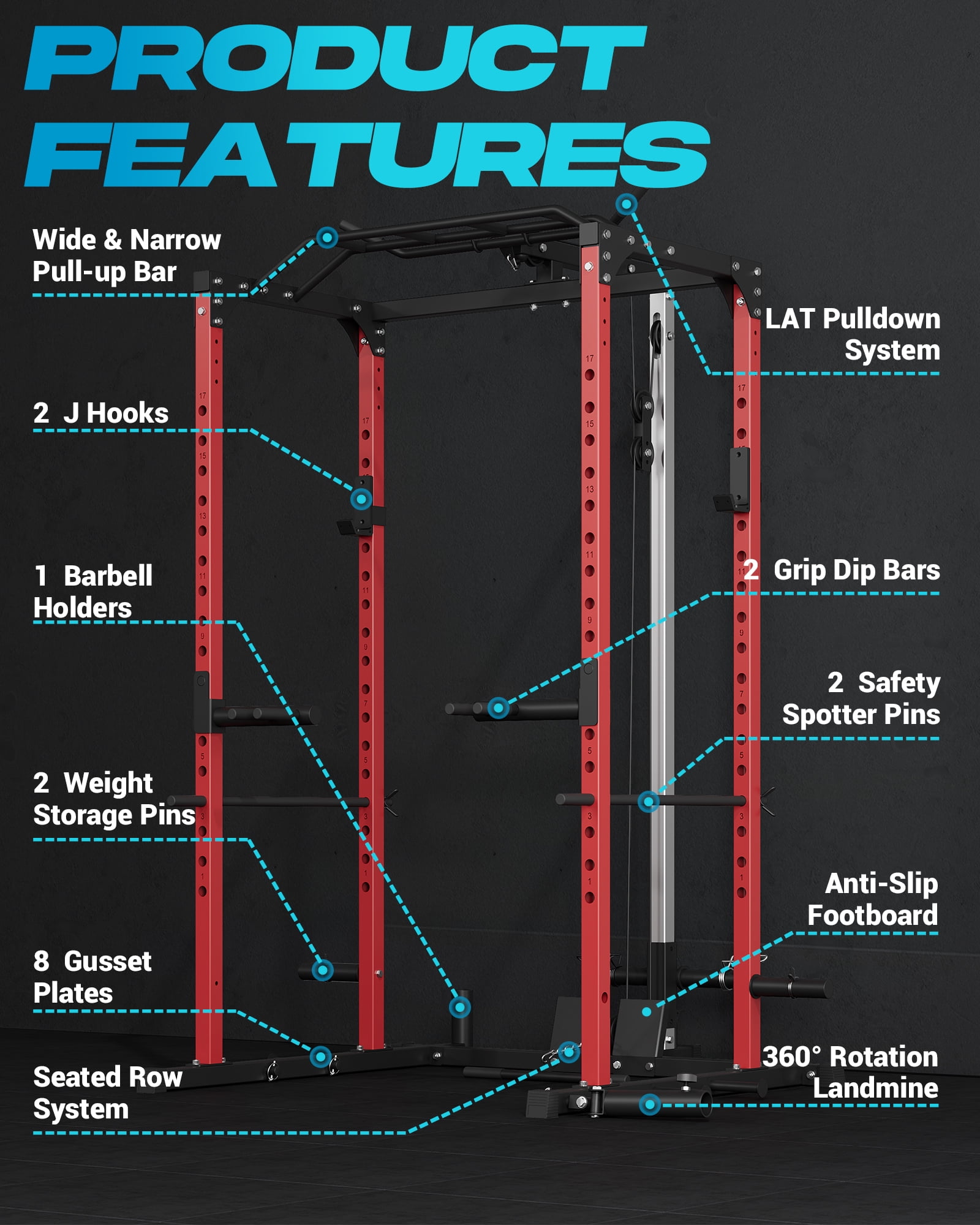 All-in-1 Power Cage with Pulley System,1200LBS Multi-Functional Squat Rack for Home Gym,Weight Cage Includes LAT Pulldown,Dip Bars and More Attachments,Strength Training Equipment