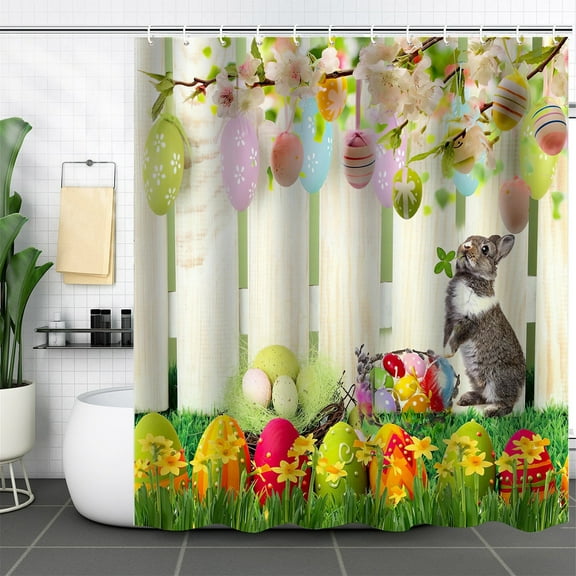 HongHeng Easter Shower Curtain, Happy Easter Day Shower Curtain Colorful Easter Eggs with Funny Cute Bunny Shower Curtain, Spring Holiday Shower Curtain with Hooks, 59X70 Inch
