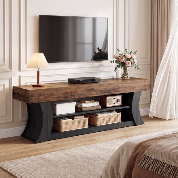 Finmind 71" Long TV Stand for TVs up to 80", Farmhouse Entertainment Center with Storage Shelves, for Living Room, Bedroom, Rustic Brown & Black