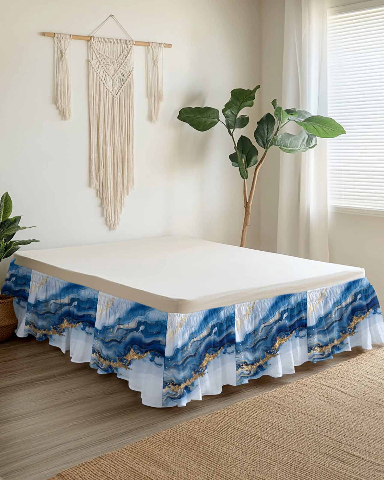 Blue Marble Wrap Around Bed Skirts for Queen Bed 16" Drop, Bed Skirt with Adjustable Elastic Belt Dust Ruffle Bed Valance for Bedroom Hotel Luxury Modern Abstract Art Bed Frame Cover