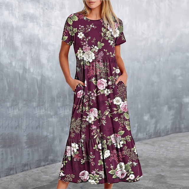 Fankiway Femmes à Manches Courtes Manches Courtes Col Rond Fleurs Lâches Imprimé Couleur Robe Longue Plus Robes de Taille pour les Femmes Courbes Robes de Printemps pour les Femmes 2766