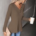 thumbnail image 2 of V Neck Long Sleeve Top Solid Color Button Decoration Waffle Casual Women's Top for Fall Winter Khaki M, 2 of 7