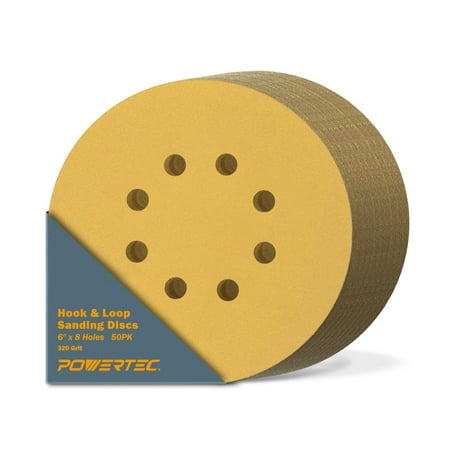 UPC: 0843441111719 | POWERTEC 44232G-50-P2 Gold 6” Hook and Loop Sanding Disc | 8 Hole | 320 Grit – 100 Pack