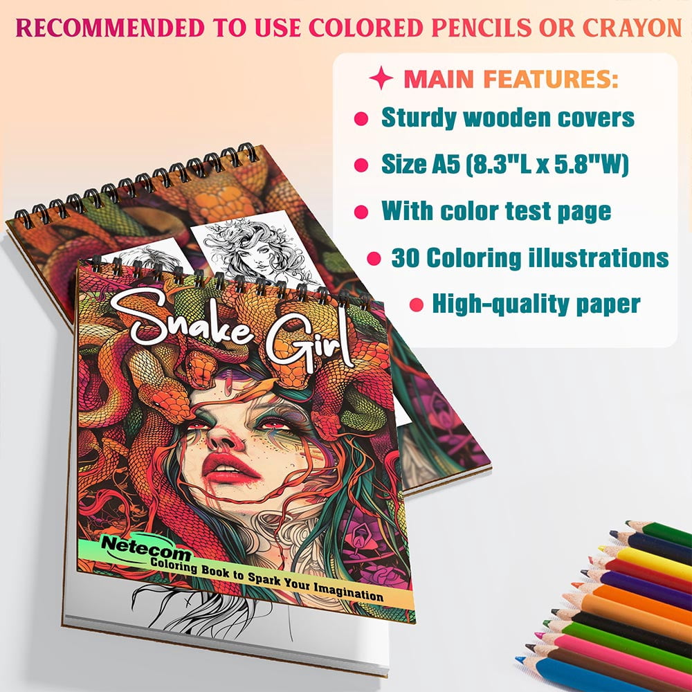 Netecom Snake Girl Coloring Book for Adults, A5 Wooden Cover, 30 Enchanting Portrait Coloring Pages of Serpentine Beauties for Stress Relief and Relaxation, Spiral Bound Edition