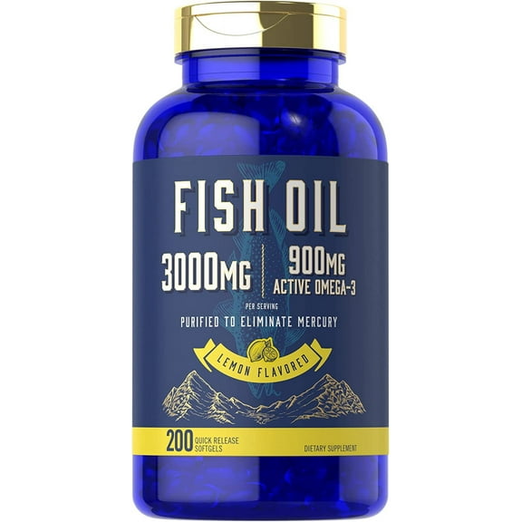 Fish Oil 3000mg | 900mg Omega 3 | 200 Softgels | Lemon Flavor | Non-GMO and Gluten Free Supplement
