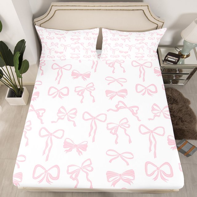 Erosebridal Princess Bow Fitted Sheet Set Full, Kawaii Ribbon Bedding Full Size, Princess Style Fitted Sheet Full, Lightweight Bedroom Decorative, 3pcs(No Top Sheet)