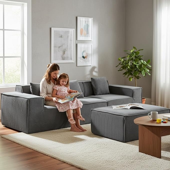 US Pride Corduroy Sectional Couch with Ottoman & Pillows
