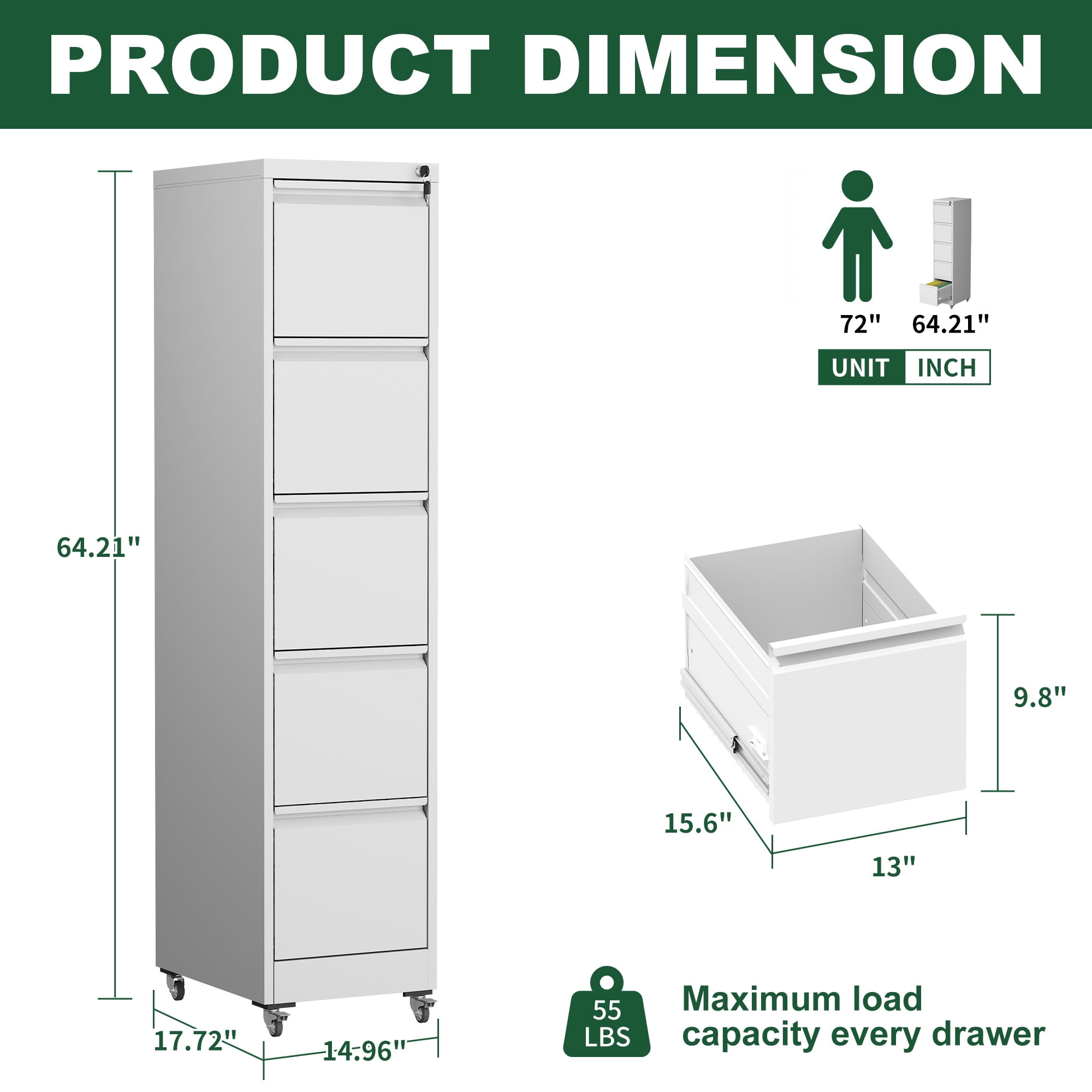 5 Drawer Metal Vertical File Cabinet with Lock on Wheels for Home Office,Heavy Duty Metal Storage Cabinet for A4/Letter/Legal Size Files, White, 17.71"D*15.16"W*64.17"H