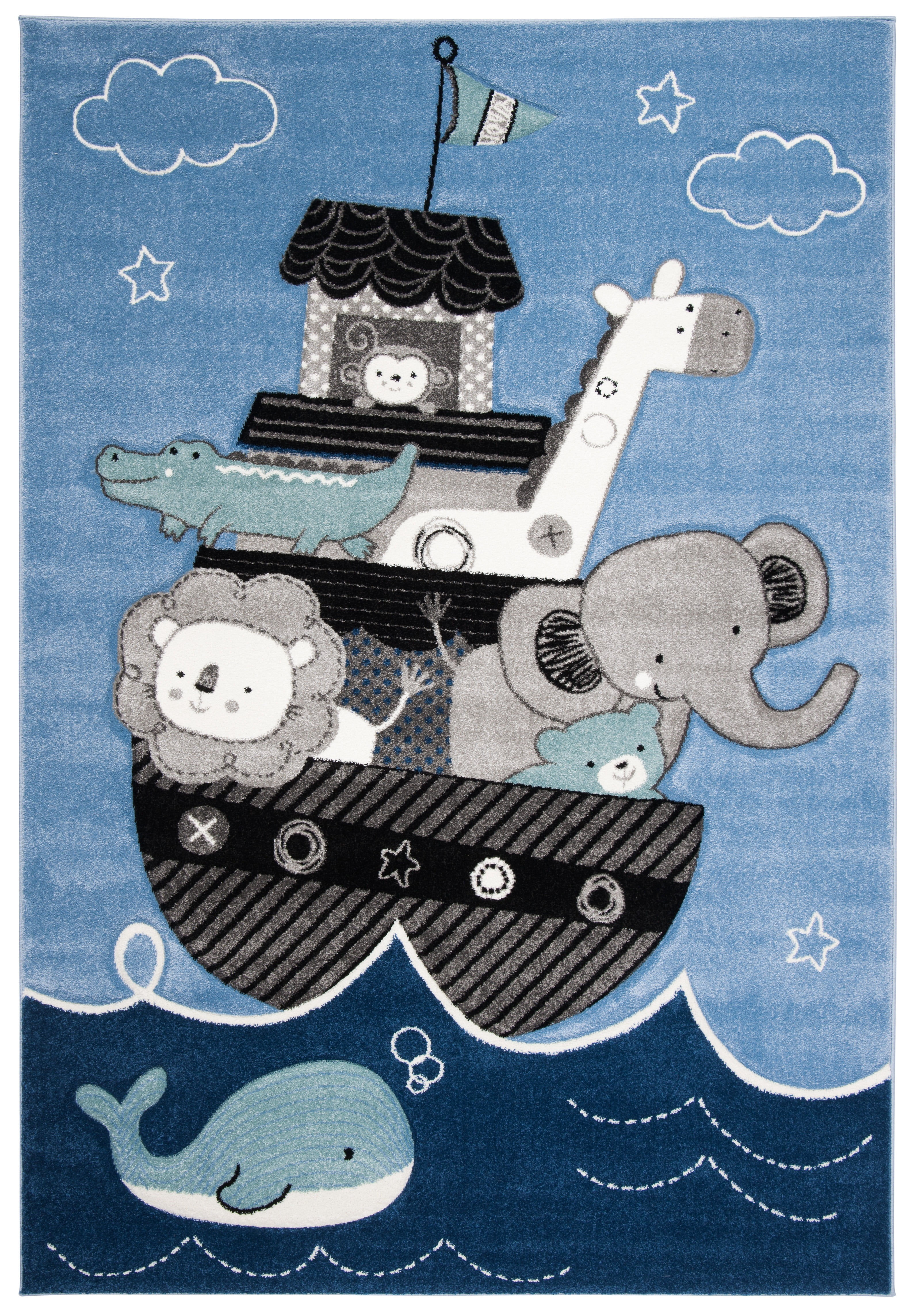 SAFAVIEH Carousel Kids Patton Animals on Board Area Rug, Blue/Gray, 9' x 12'