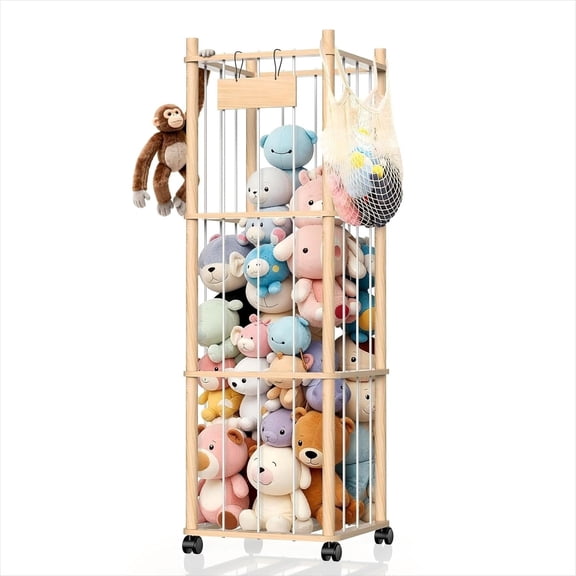 Stuffed Animal Storage & Holder, Natural Pine Wood Plushies Storage with Wheels, Large Capacity Stuffed Animal Zoo with Building Block Bag, Space Save Toy Organizer for Nursery Playroom & Bedroom
