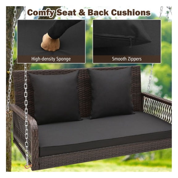 FASCK 2-Person Outdoor Porch Swing, All-Weather Wicker with Seat & Back Cushions, Patio Garden Swing Chair for Backyard