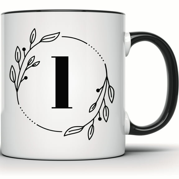 Floral Initial I Mug - Monogram Coffee & Tea Cup - Alphabet Gift Mug - Customizable Letter I Design - Perfect Personalized Gift - 11 Ounce Black Rim Handle Novelty Coffee Cup - WMUG0388-Black Rim