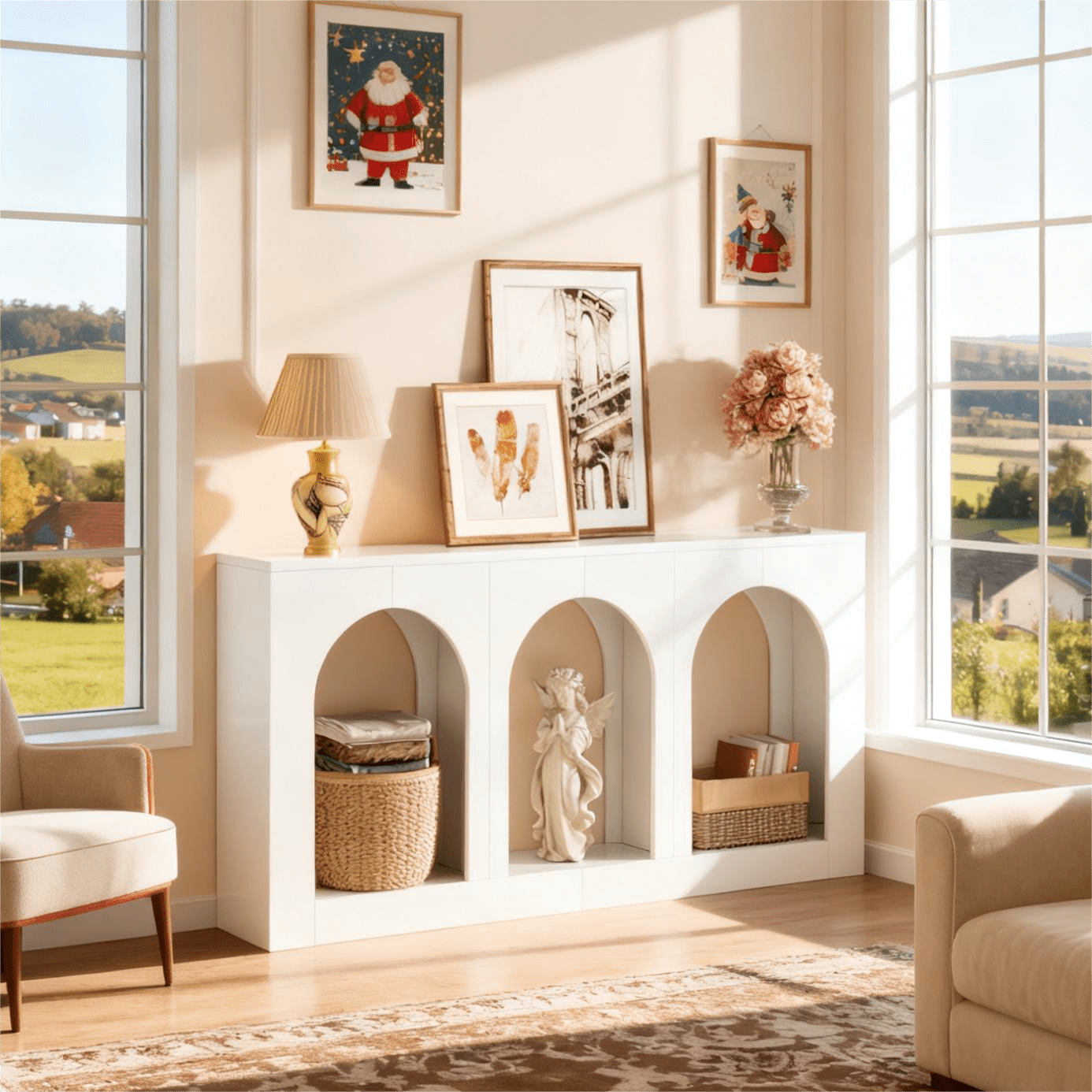 Fnova 70.9" Farmhouse Console Table, Narrow Long Sofa Table with 3 Arched Storage Shelves, Wood Entryway Table for Foyer, Hallway, Living Room, Behind Couch