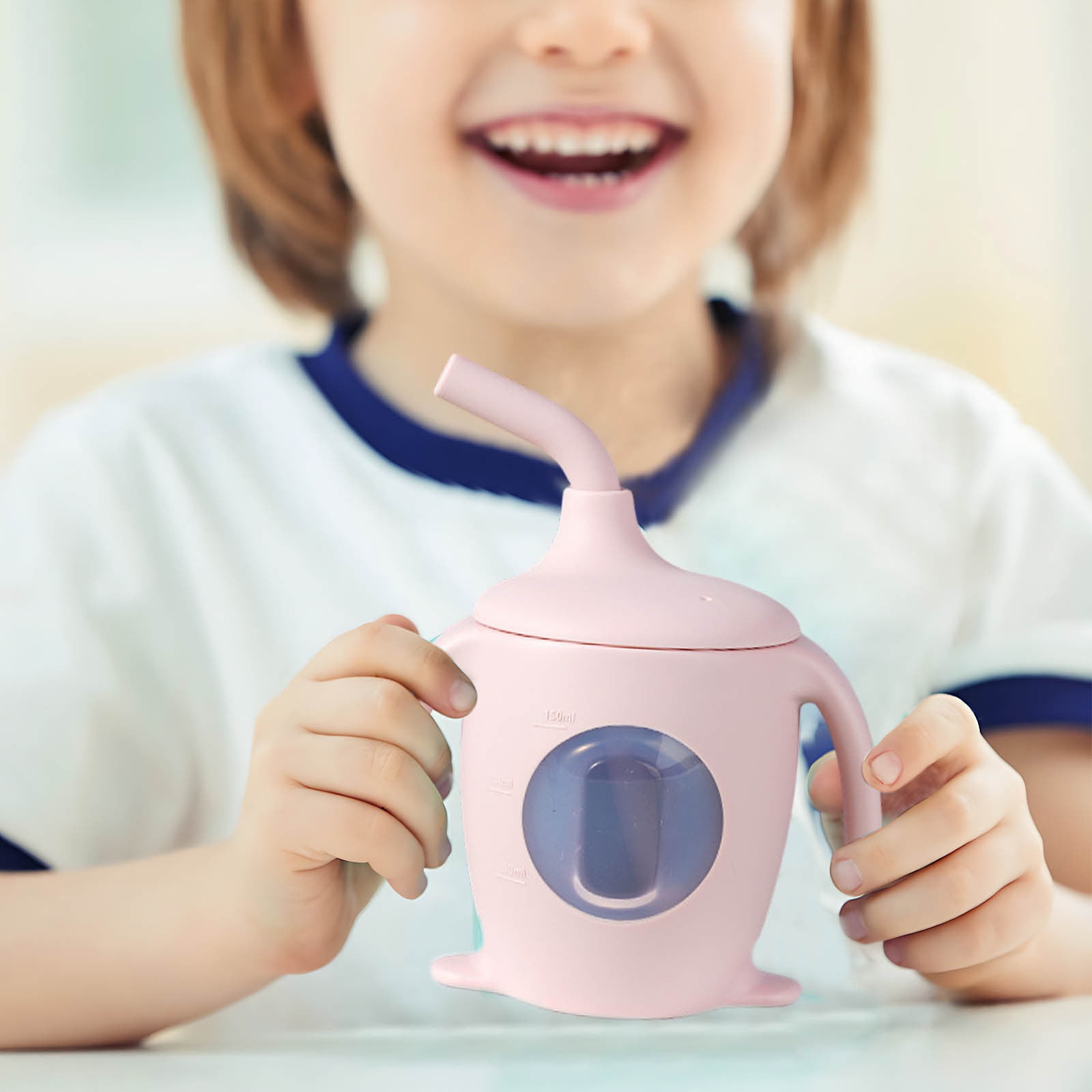 Weloille Silicone Children's Straw Cup Infant Learning Drink Cup with Handle Food Grade Infant Water Cup