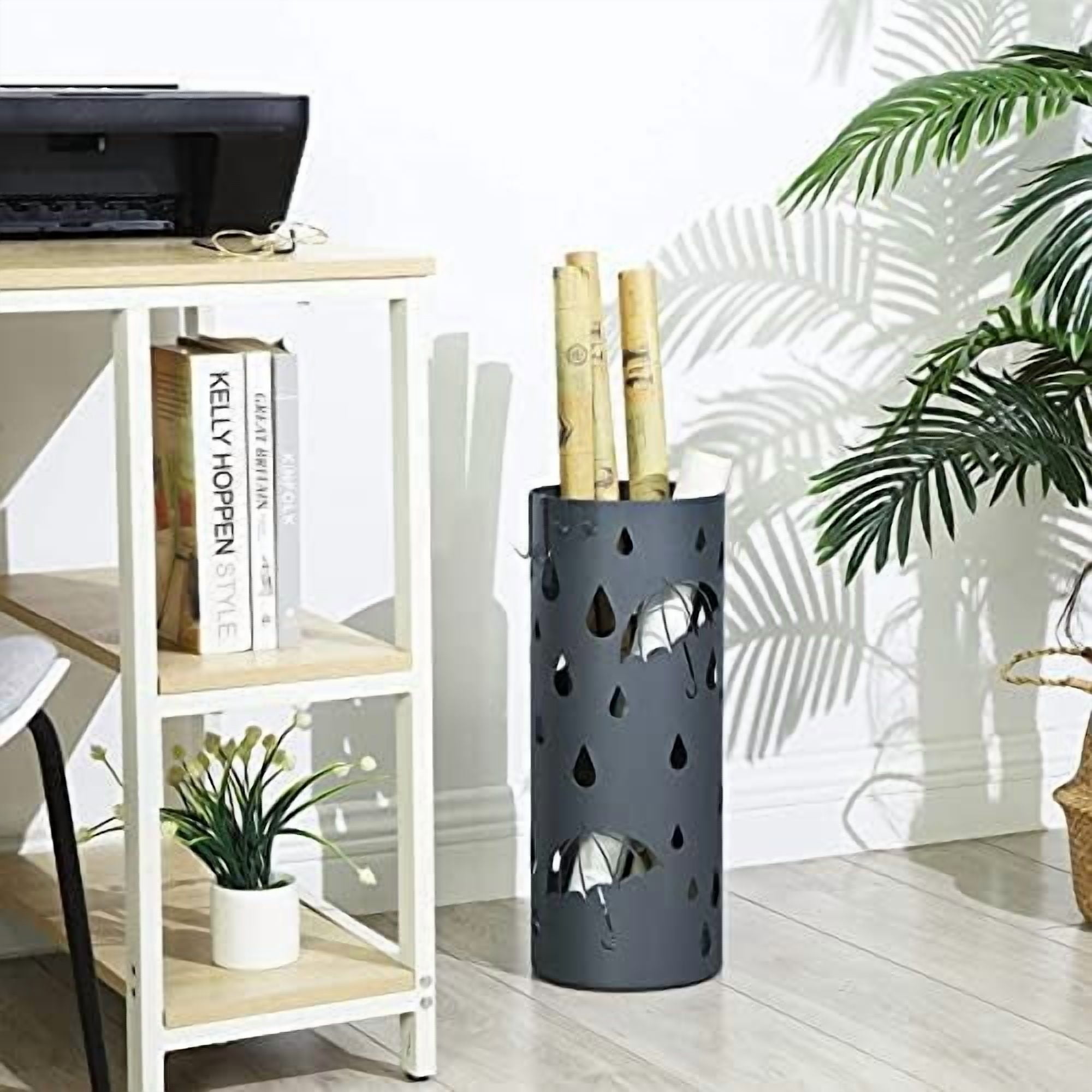 Umbrella Stand, Metal Umbrella Holder for Entryway, with Water Tray and 4 Hooks, 7.7 x 7.7 x 19.3 Inches, Round, Anthracite Gray ULUC23AG