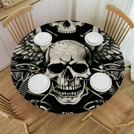 

Orinice Skull Wings Round Table Cover Stain Resistant Washable Indoor Outdoor Tablecloth Kitchen Dining Wedding Parties 100% Polyester Fiber 42-46