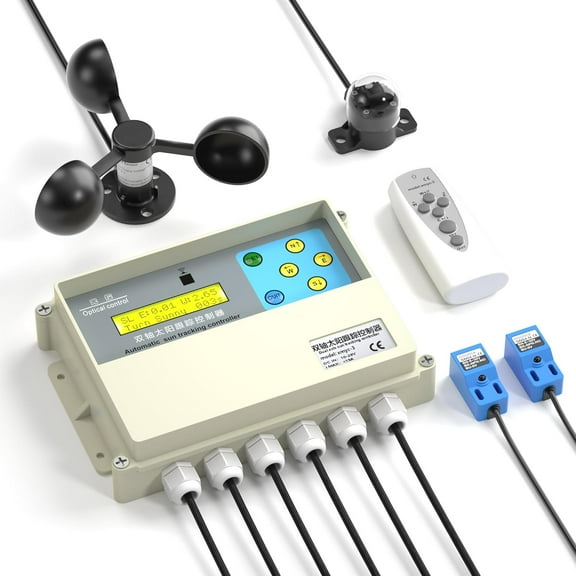 Dual Axis Solar Tracker Controller, Automatic Sun Tracking Controller, Solar Panel Solar Tracking System Control Kit with Sunlight Sensor, Wind Speed Sensor, 2 Limit Sensor, Remote Control