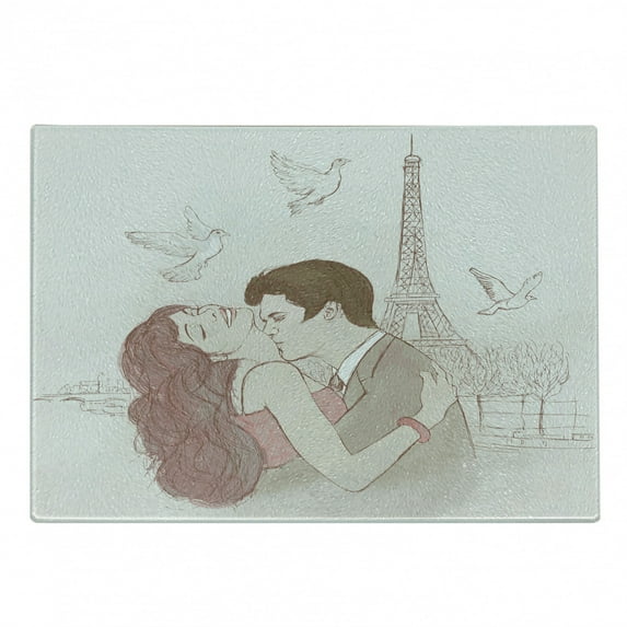 Kiss Cutting Board, Romantic Man and Woman in Front of Eiffel Tower Flying White Birds Love Passion, Decorative Tempered Glass Cutting and Serving Board, Small Size, Dried Rose Beige, by Ambesonne
