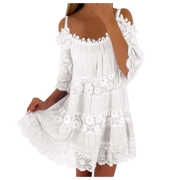 Vestido largo de encaje con hombros descubiertos para mujer: falda escalonada, mangas con volantes, elegante para bodas y fiestas