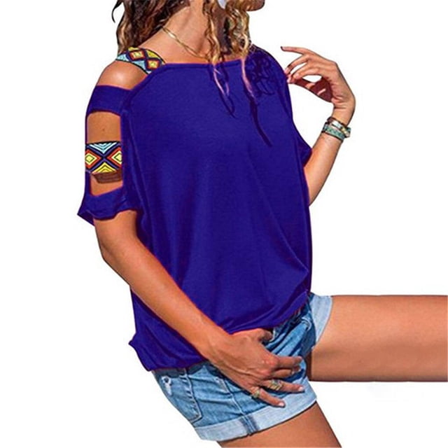 Qarigey Camisa de manga corta con cuello y correa para el hombro para mujer Prendas para la parte del cuerpo Color azul SG