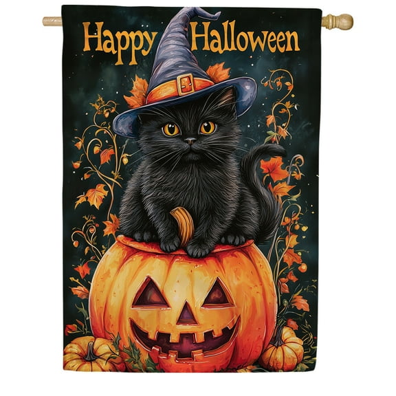 America Forever Halloween Black Cat House Flag, 28 x 40 inches Double Sided, Happy Halloween House Flag, Jack-O-Lantern Flag, Witch Cats House Flag, Halloween Yard Decor Seasonal Flags for Yard