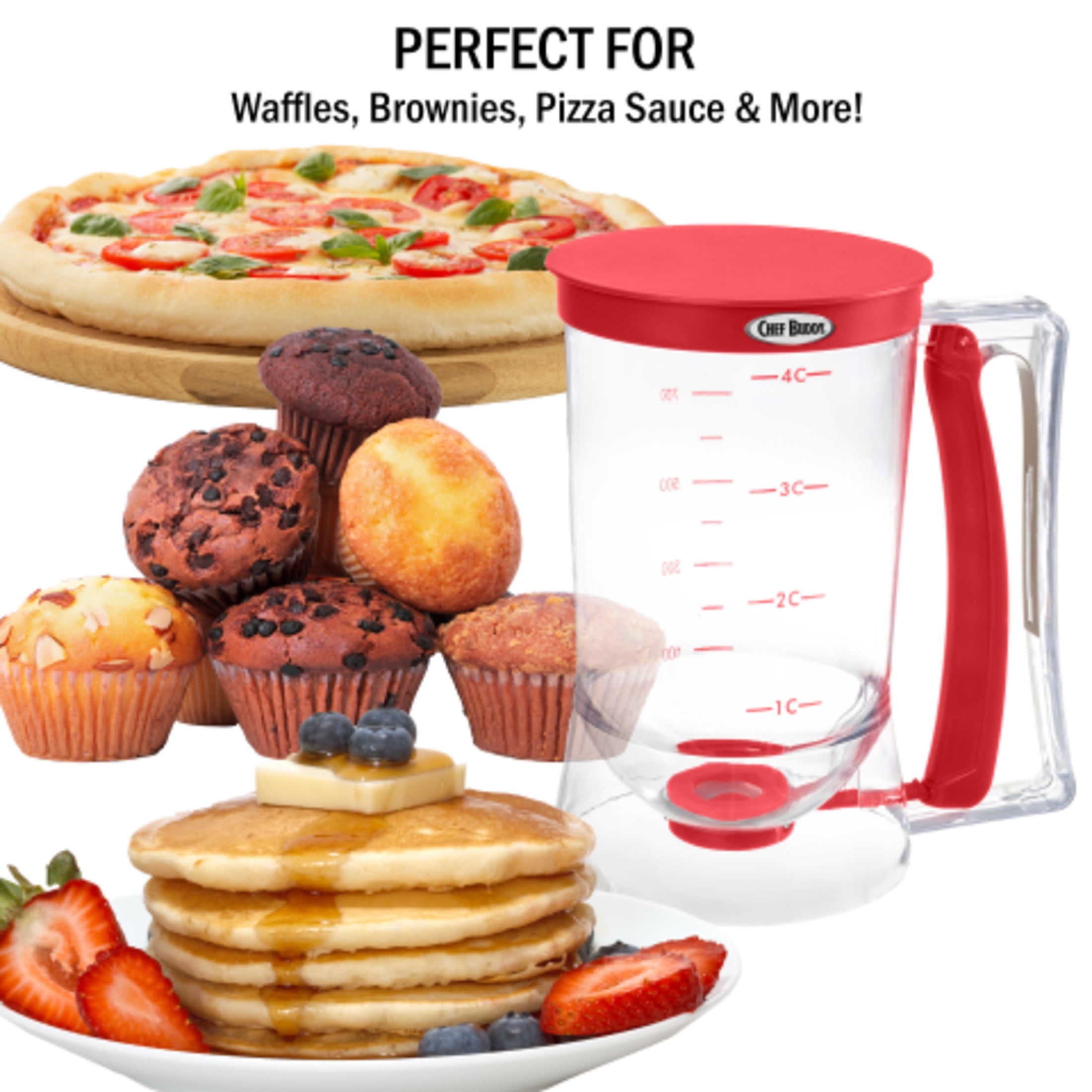 Chef Buddy 4-Cup Pancake Batter Dispenser with Squeeze Handle (Red)