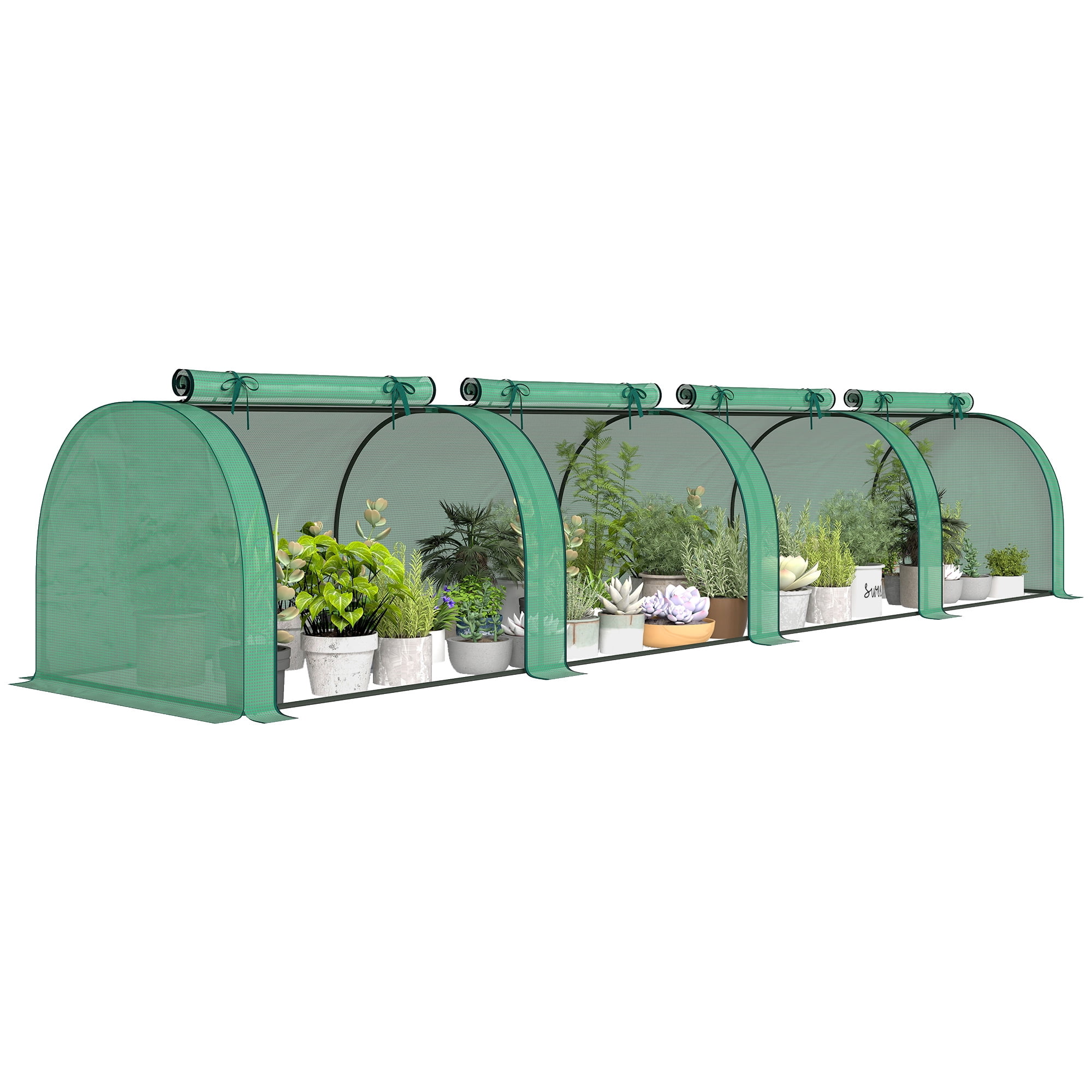 Outsunny Mini Greenhouse, 177.2" x 39.4" x 31.5" Portable Greenhouse with 4 Roll-Up Doors, PE Cover, Green
