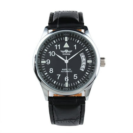 Black Dial Automatic Mechanical Watch Mens Silver Case Leather Strap Pin (Best Mechanical Watches For Men)