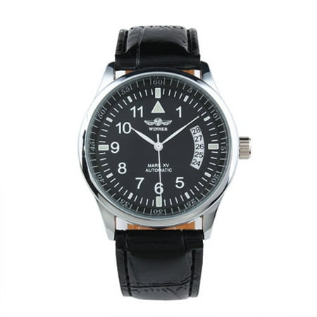 - Black Dial Automatic Mechanical Watch Mens Silver Case Leather Strap Pin Buckle