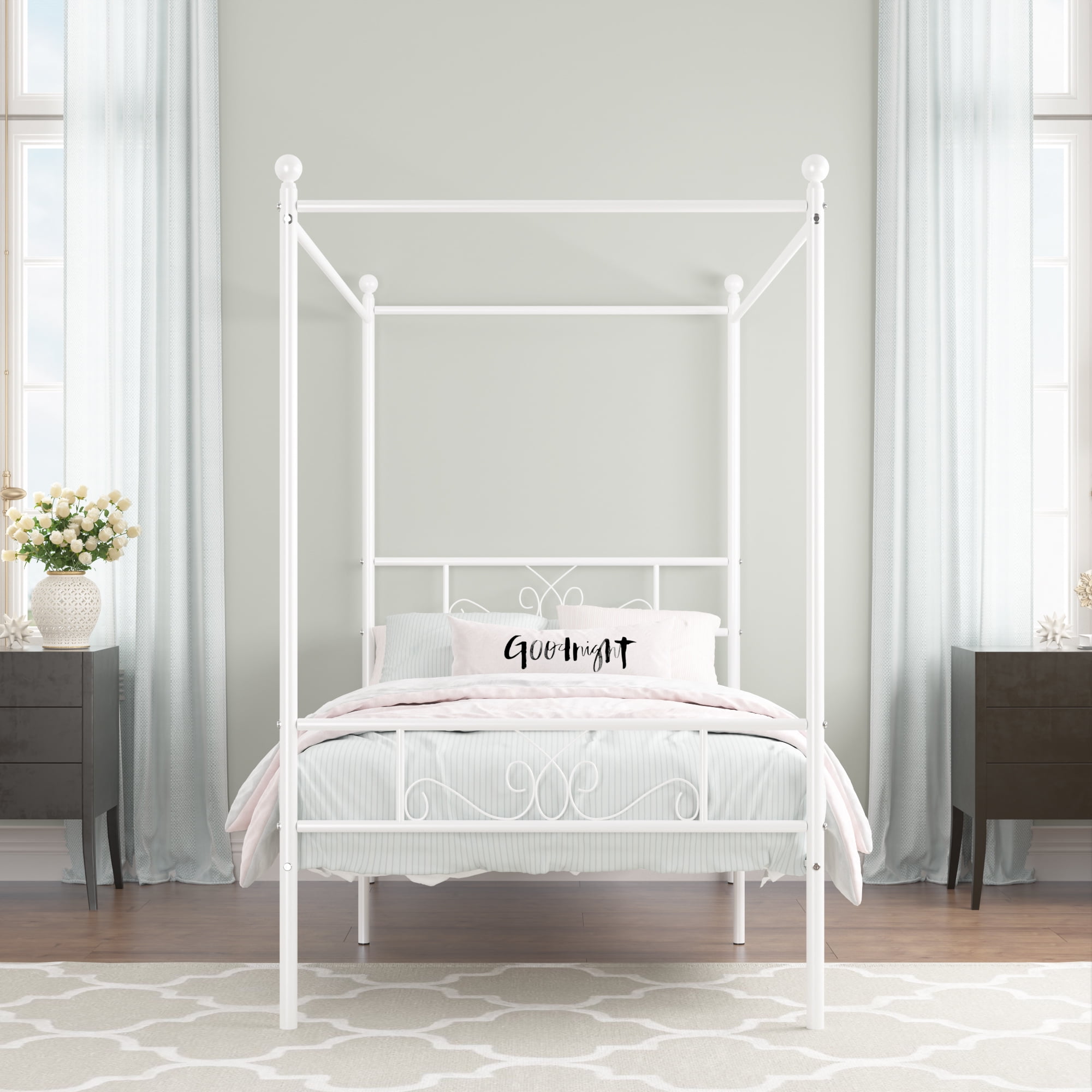 Teraves 4Post Twin Metal Canopy Bed Frame Platform Bed with Headboard