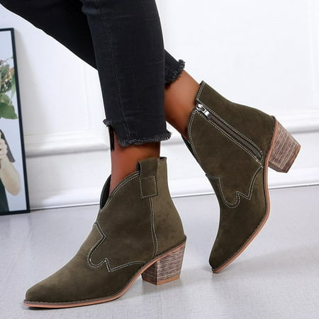 

Zunfeo Women Ankle-High Boots- Casual Solid Shoes Thick Heel Pointed Head Boots Side Zipper Boots Army Green 5.5