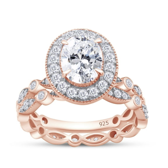 2 Carat Center 6X8MM Oval & Round Cut Lab Created Moissanite Diamond Halo Vintage Style Bridal Ring Set In 14K Rose Gold Over Sterling Silver (G-H Color, VVS1 Clarity)-4