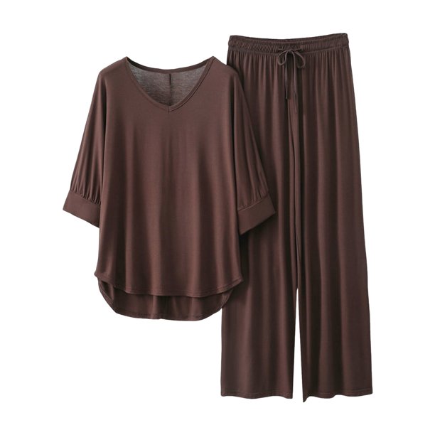 Conjunto de pijama de manga 3/4 para mujer: top con cuello en V y pantalones con cintura elástica, tejido de poliéster, ropa informal para estar por casa - Tallas L/XL