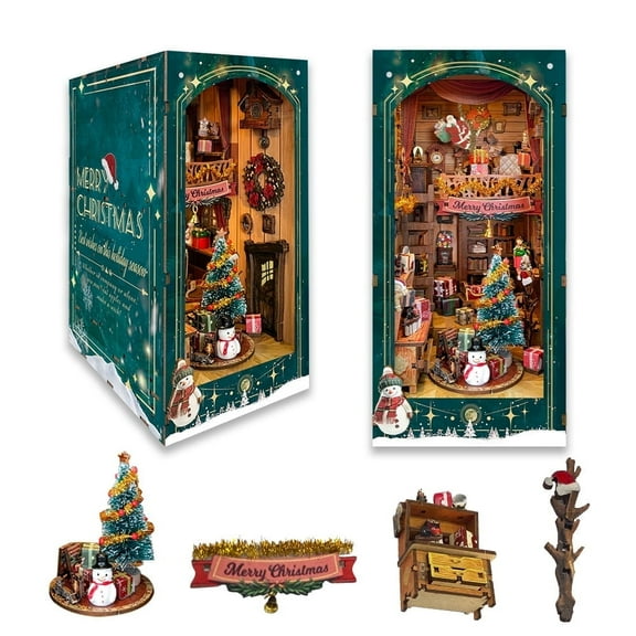 Strucwood DIY Book Nook Kit Jingle Cabin Wooden Puzzles with LED Dust Cover,3D Crafts Hobbies,Gifts for Adults Teen Christmas(SQ-34)