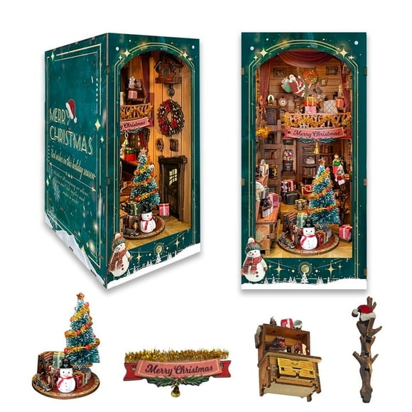 Strucwood DIY Book Nook Kit Jingle Cabin Wooden Puzzles with LED Dust Cover,3D Crafts Hobbies,Gifts for Adults Teen ChristmasSQ-34