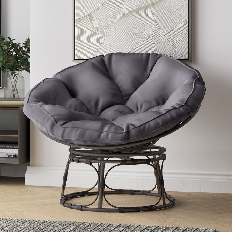 BELLEZE Papasan Chair With Fabric Tufted Cushion And Sturdy Steel Frame 360 Degree Swivel Indoor Dark Grey