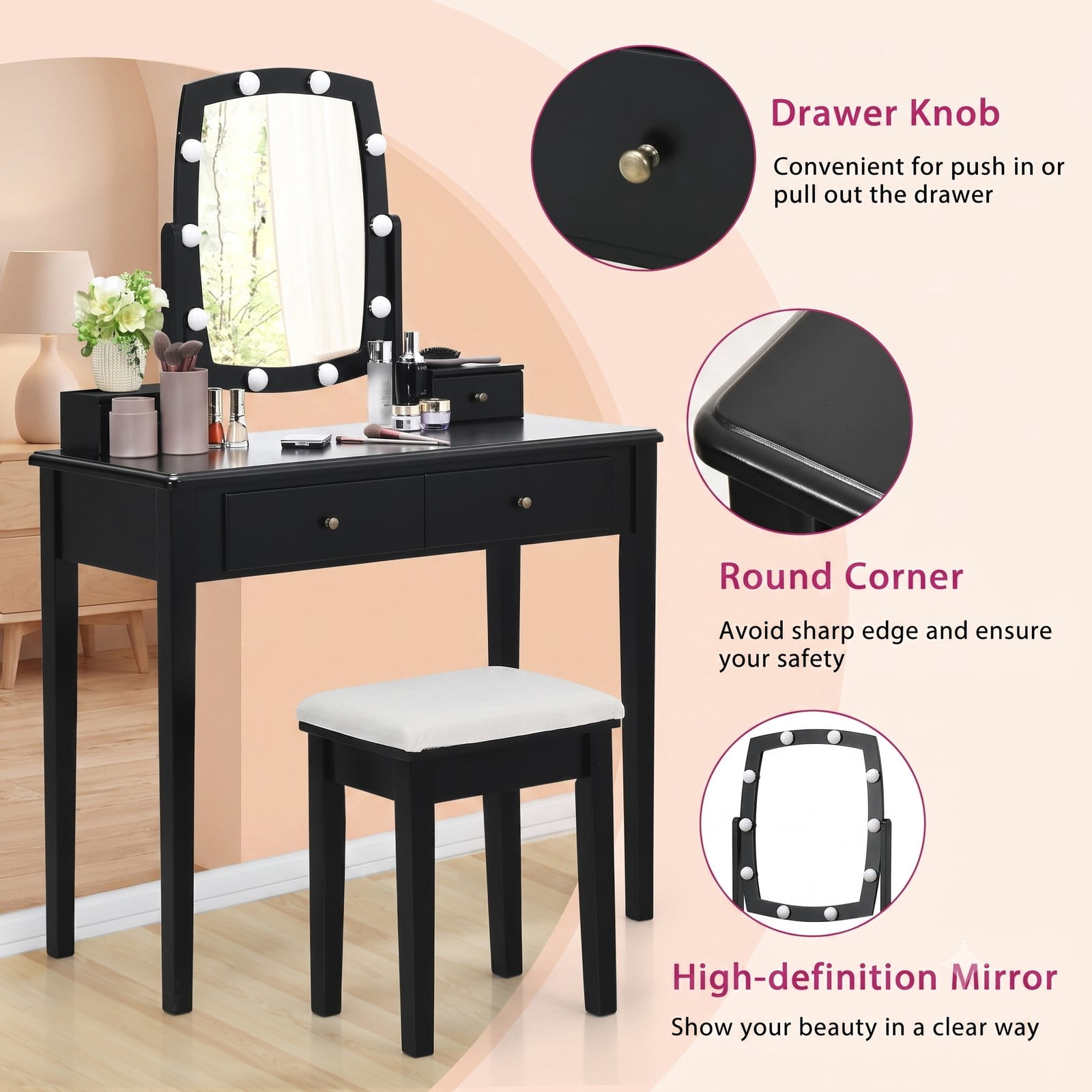 Furnibear Vanity Table Set with 10 Dimmable Bulb Lighted Mirror and Cushioned Fabric Stool and Drawers for Bedroom and Dressing Room, Black