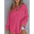 thumbnail image 2 of Women Waffle Knit Tops Henley Shirts Long Sleeve V Neck Solid Color Casual Tunic Rose Red S, 2 of 6